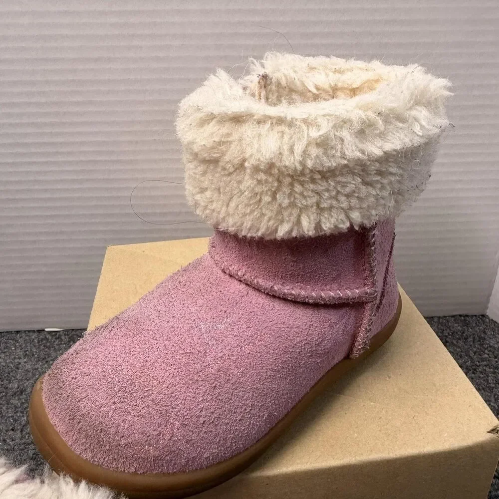 UGG Boots Girls Size 7 Pink Suede Shearling Lined Winter Fur Trim 1157633T